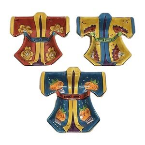 Set of 3 Hand Painted Kimono Shaped Bowls Colorful Asian Decor EUC 🎎✨